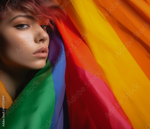 Expressive Generative AI pride photo of lesbian woman with rainbow flag patterns. Inclusive society with equal rights. Pride day month celebration of diversity and inclusion.