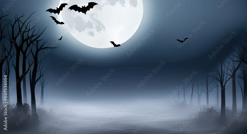 Halloween background with full moon and bats over a misty forest lots of copy space generative ai illustration