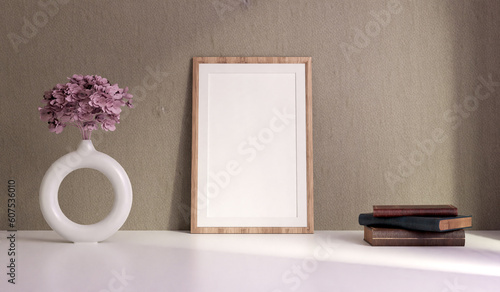 Empty wooden picture frame mockup on desk