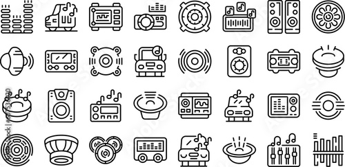 Acoustics for the carmusic icons set outline vector. Sound bass. Auto cd