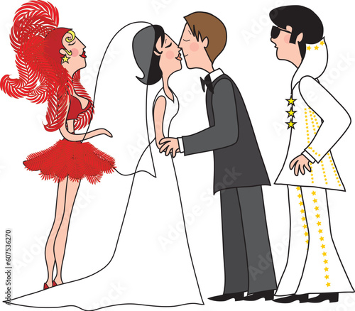 A bridge and groom kissing - an Elvis tribute artist and a Vegas show girl are witnesses