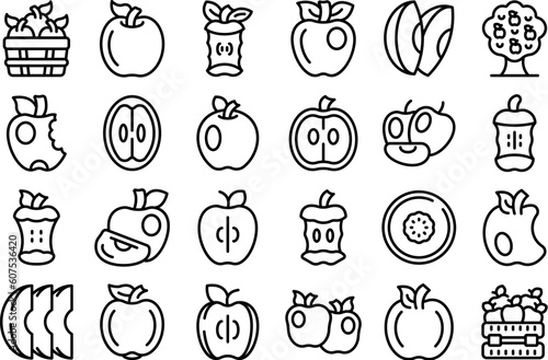 Apple icons set outline vector. Fruit slice. Leaf half