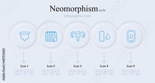 Set of vector icons representing menstruation. Period, menstrual cycle, menstrual pad, tampon, menstrual cup, calendar. Neomorphism style. Vector line icon for Business