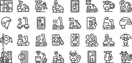 Scooter rental icons set outline vector. Electric parking. Station row