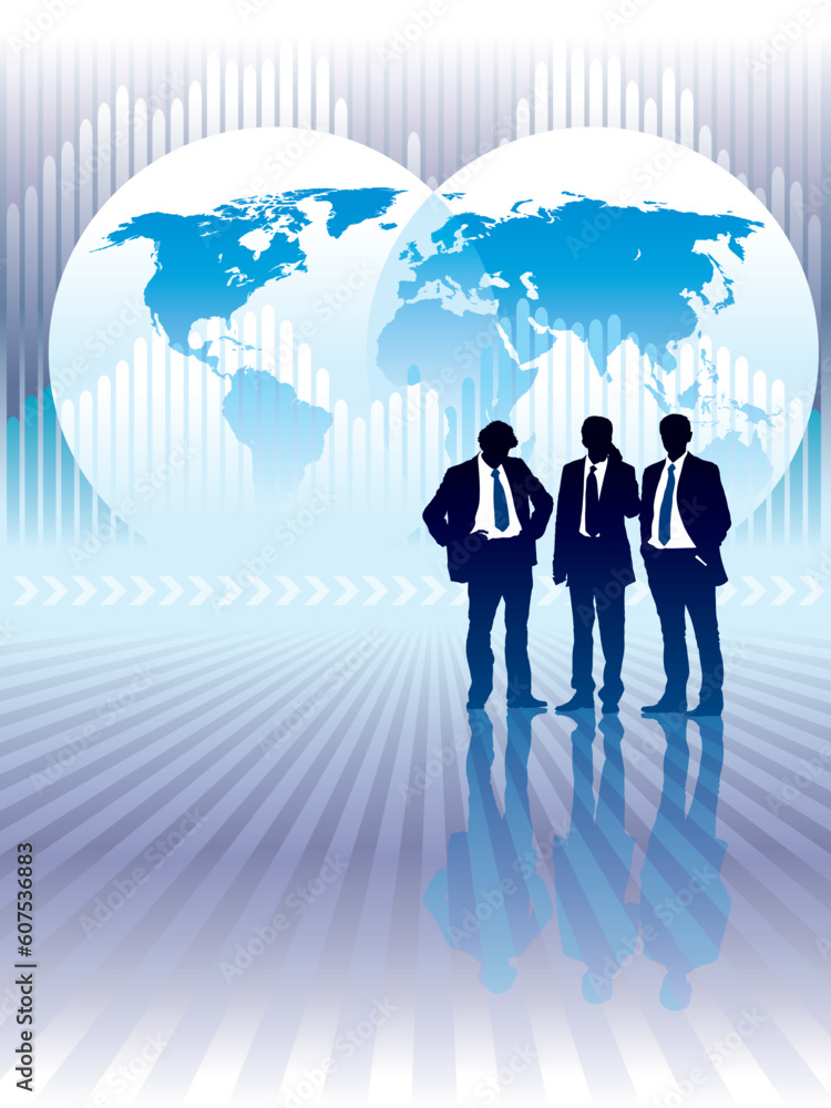 People are standing, world map and graph in the background, conceptual business illustration. The base map is from Central Intelligence Agency Web site. - obrazy, fototapety, plakaty 