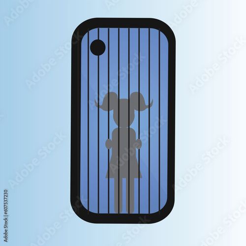 Girl prisoner in a smartphone, technology addiction concept