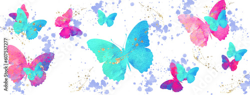 Watercolor festive butterflies horizontal illustration. Wedding  Holiday  Baby Shower  Birthday template.