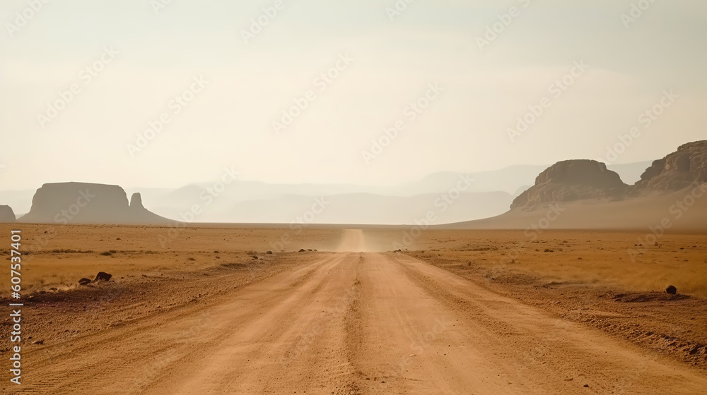Landscape view of dusty road going far away nowhere, generative ai 