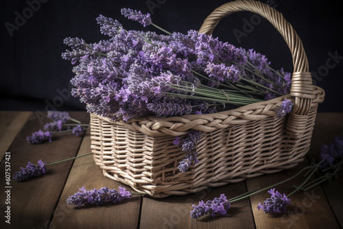 Lavender Blooms in a Woven Basket on a Wooden Table, generative ai 