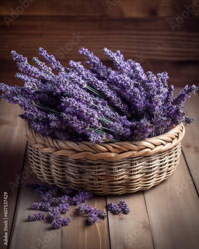 Lavender Blooms in a Woven Basket on a Wooden Table  generative ai 