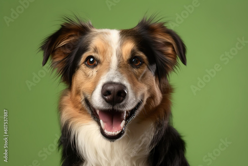 studio headshot portrait of brown white and black medium mixed breed dog smiling against a green background, generative ai  © vvalentine