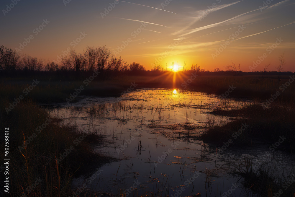 Sunset view of wetlands, generative ai Sunset view of wetlands, generative ai
