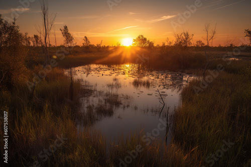 Sunset view of wetlands  generative ai 