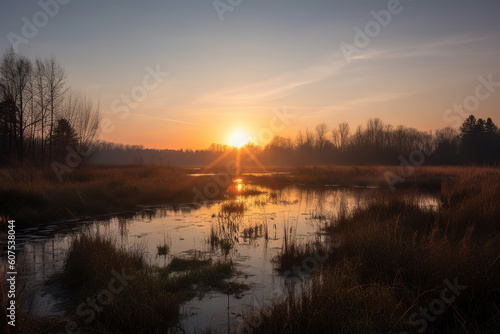 Sunset view of wetlands, generative ai 