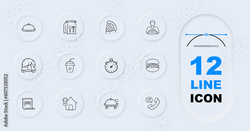 Set of vector icons representing food delivery. Fast, delicious, convenience, online ordering, restaurant, delivery service. Pastel color background. Vector 12 line icon for business