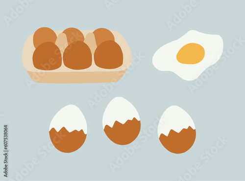 box of chicken eggs, eggs with shell, fried egg. Hand-drawn vector illustration
