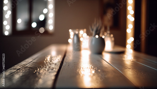 Brown wooden table, beautiful isolated focused table, with good looking defocused light spots and light position. A nive podium for product presentation. AI generated.