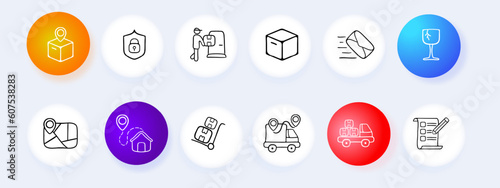 Collection of vector icons representing product delivery. Fast, efficient, logistics, shipping, transportation, courier, package, delivery truck. Pastel color background. Vector line icon for business
