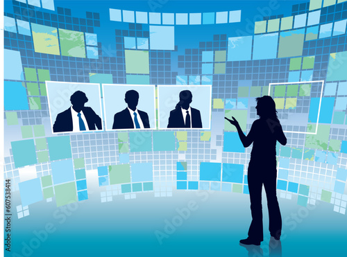 Business meeting in a virtual space, conceptual business illustration.