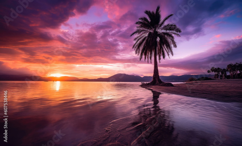 Palme am Meer mit Sonnenuntergang und Strand - Leuchtende Farben mit Platz für Text oder Produkt