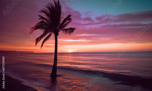 Palme am Meer mit Sonnenuntergang und Strand - Leuchtende Farben mit Platz f  r Text oder Produkt