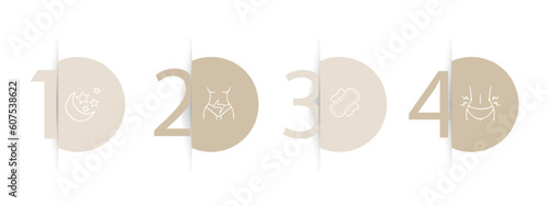 Set of vector icons representing menstrual cycle. Period, menstruation, feminine hygiene, sanitary pad, tampon. Pastel color background. Vector line icon for business