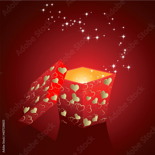 An open gift boxes from red wrapping with hearts