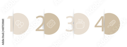 Set of vector icons representing menstrual cycle. Period, menstruation, feminine hygiene, sanitary pad, tampon. Pastel color background. Vector line icon for business