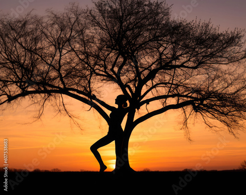 Silhouette einer Frau die mit einem Baum verschmilzt - Yoga Übungen bei Sonnenuntergang