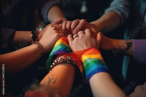 Generative AI illustration of from above of unrecognizable multiracial people connecting hands with LGBT flags on wrists during pride day party