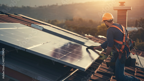 Installing a Solar Cell on a Roof. Solar panels on roof. Workers installing solar cell farm power plant eco technology. 