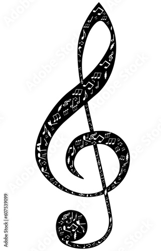 Treble clef design by musical notes on a white background