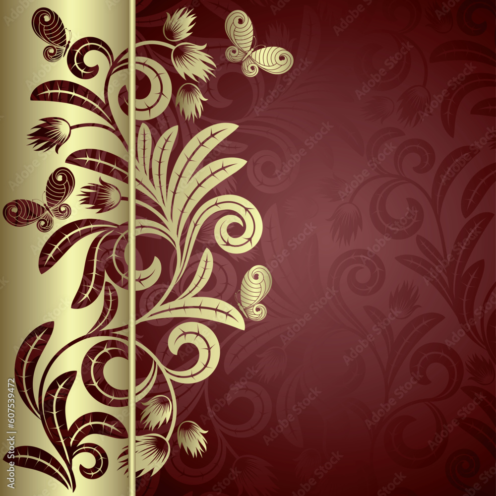 Elegance plant wiht gold leaves and butterflies on the red background Elegance plant wiht gold leaves and butterflies on the red background