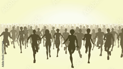 Editable vector illustration of a large group of people running