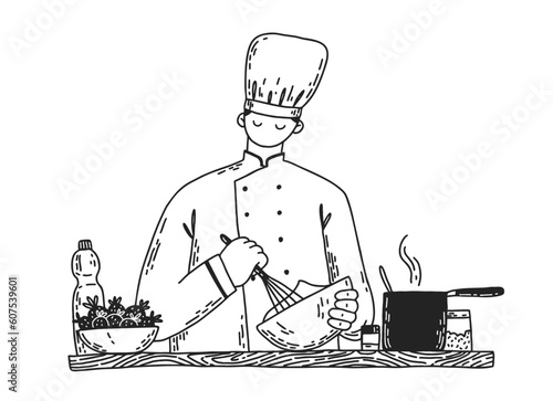 Man chef cooking. Vector hand-drawn illustration. Boy confectioner makes desserts.
