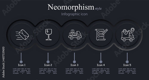 Set of vector icons representing delivery. Package, transportation, shipping, logistics, delivery truck. Neomorphism style. Vector line icon for Business