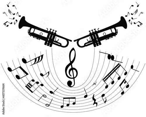 abstract music background with different notes and wind instrument