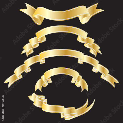 Set of golden striped ribbons on black background