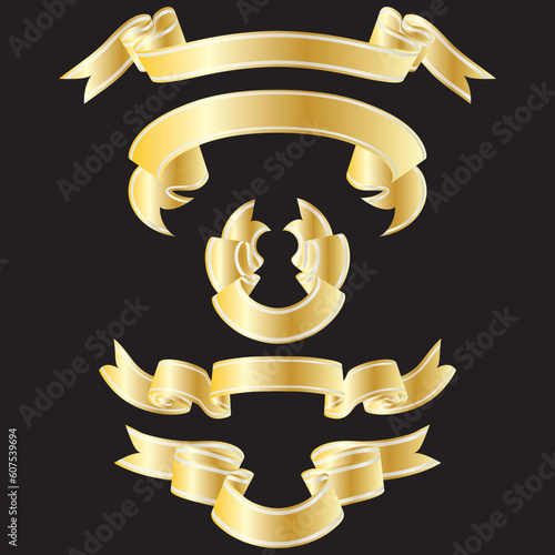 Set of golden striped ribbons on black background