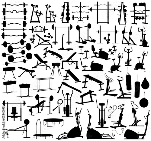 Collection of editable vector silhouettes of gym equipment