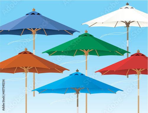 Sky full of colorful market umbrellas  All umbrellas are whole and can be used separately from the background. Easy to change colors