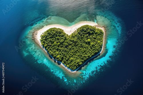 Karibische Insel in Form eines Herz mit Palmen, Meer und Strand - Luftaufnahme © Karat