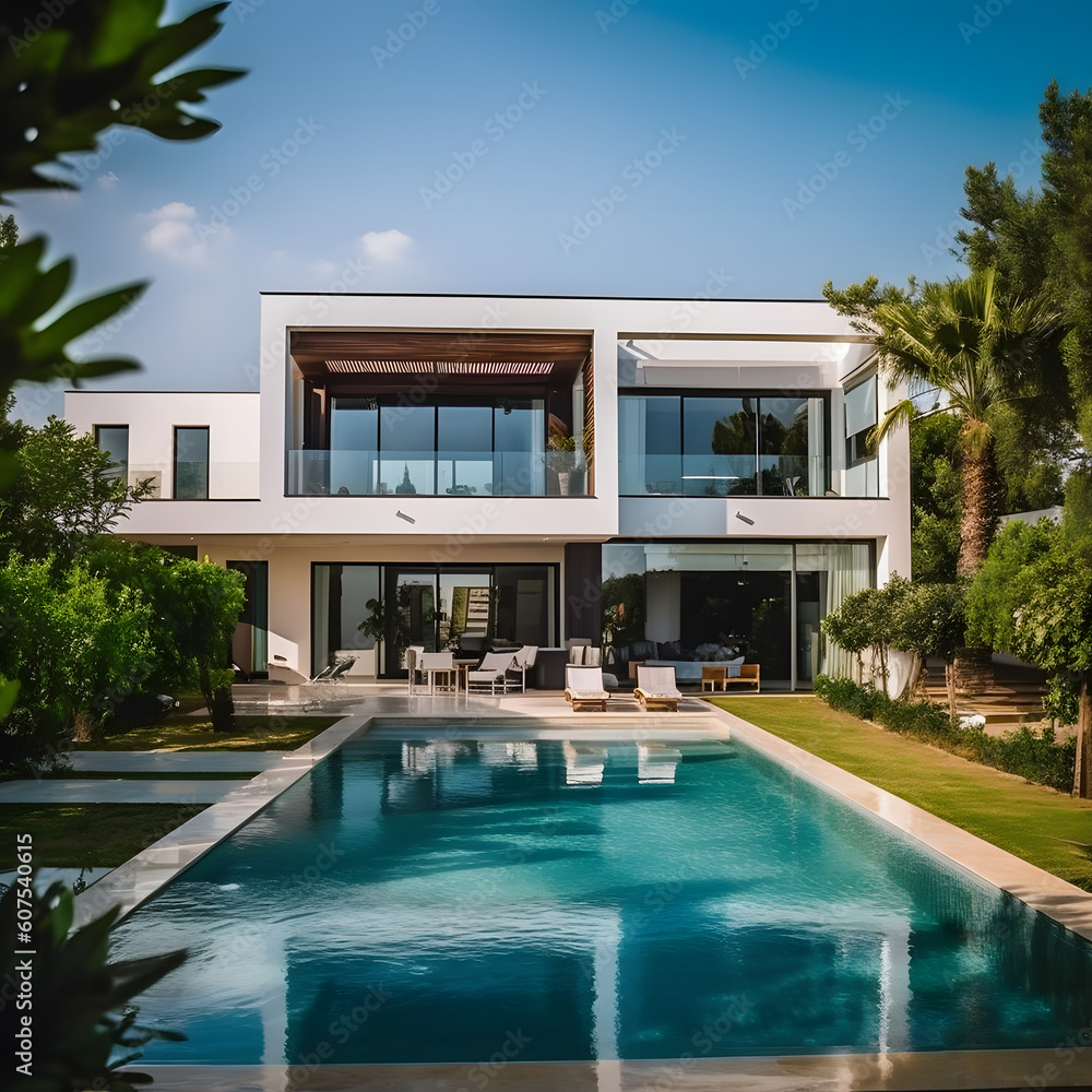 Contemporary Villa with pool and garden. Generative AI