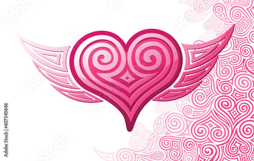 Pink heart with wings and pattern. Vector illustration