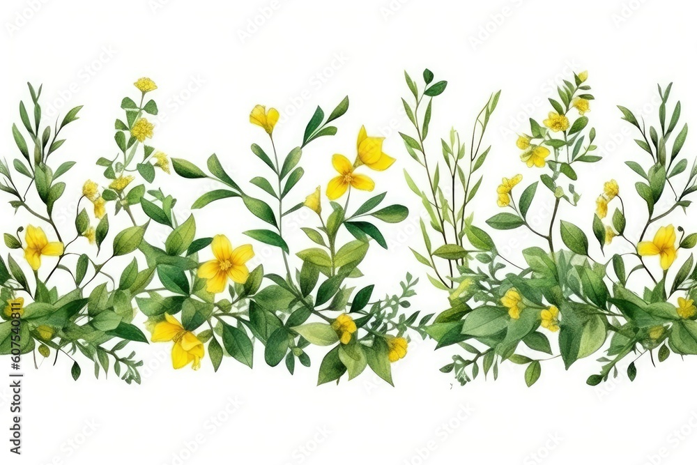 Fototapeta premium A seamless floral border with hand-drawn watercolour clipart. (Generative AI)