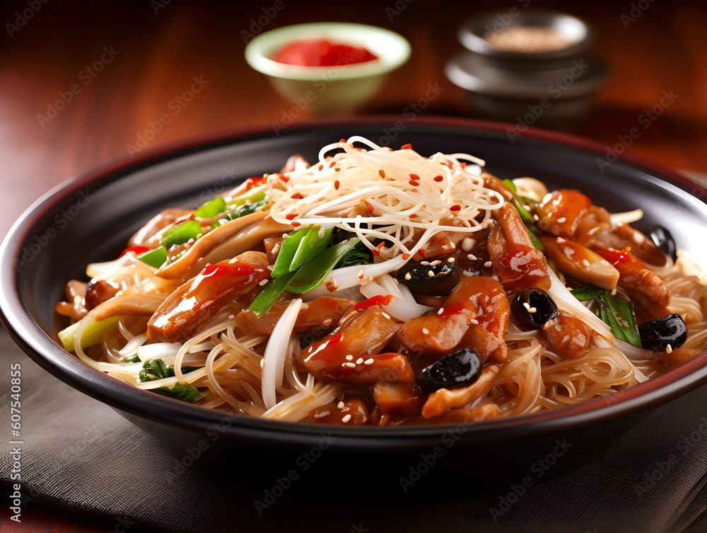 korean food. noodle soup cooking. Japchae. korean table setting