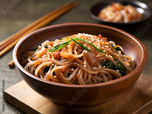  korean food. noodle cooking. Japchae. korean table setting. Generative AI.