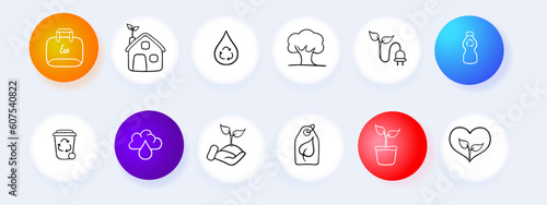 Set of vector icons representing ecological energy. Renewable energy, sustainability, green power. Pastel color background. Vector 12 line icon for business