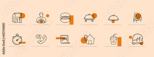 Set of vector icons representing fast food. Burger, pizza, fries, hot dog, soda, sandwich. Pastel color background. Vector line icon for business