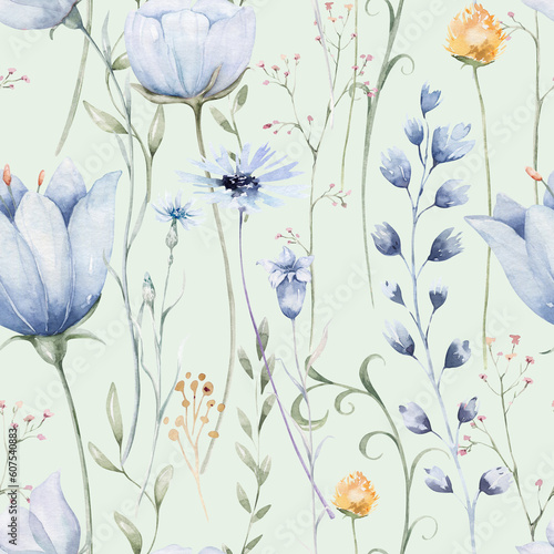 Seamless floral pattern with abstract blue pink flowers and leaves. Watercolor colorful print in rustic vintage style, textile or wallpapers background